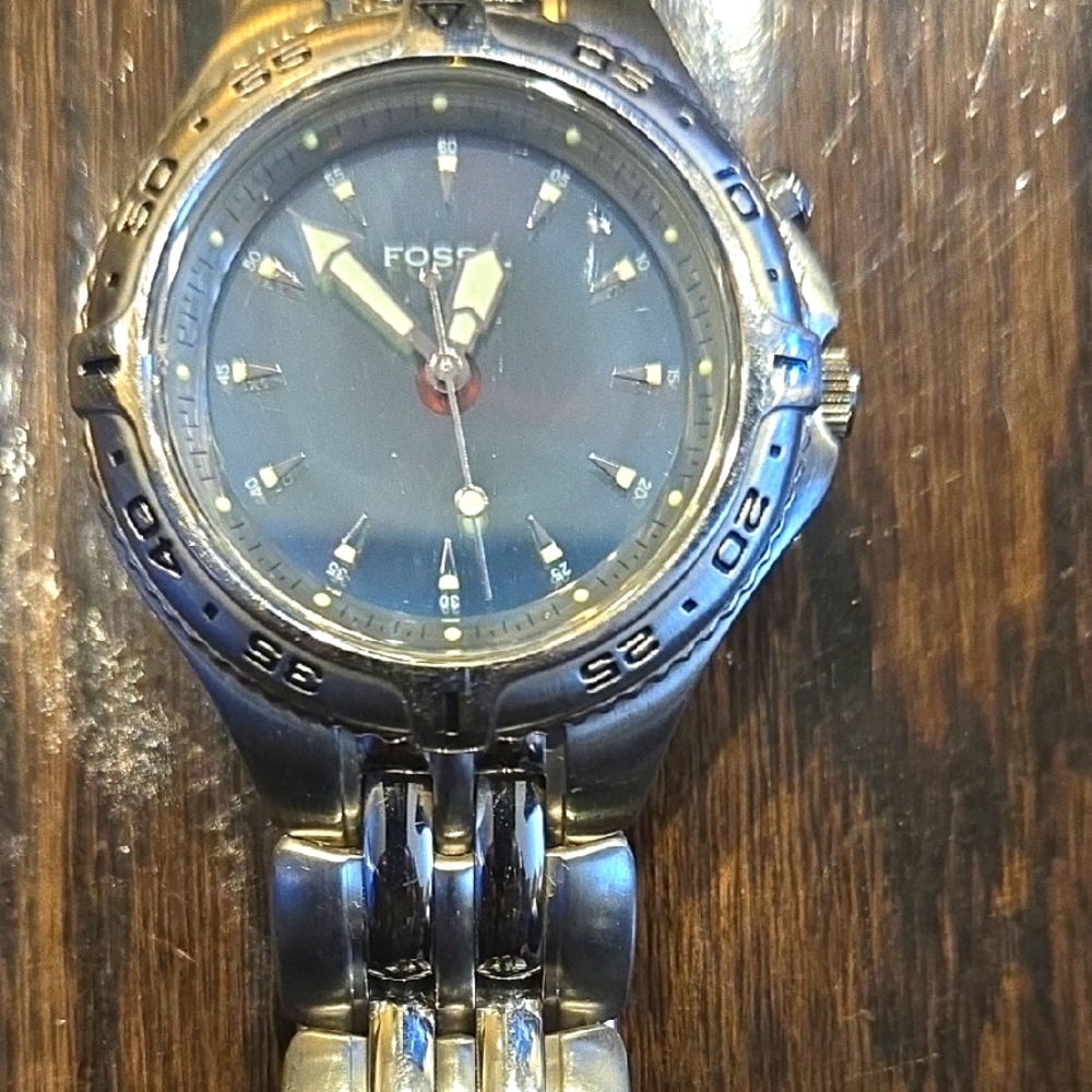 Fossil Silver Watch with Dark Blue Face